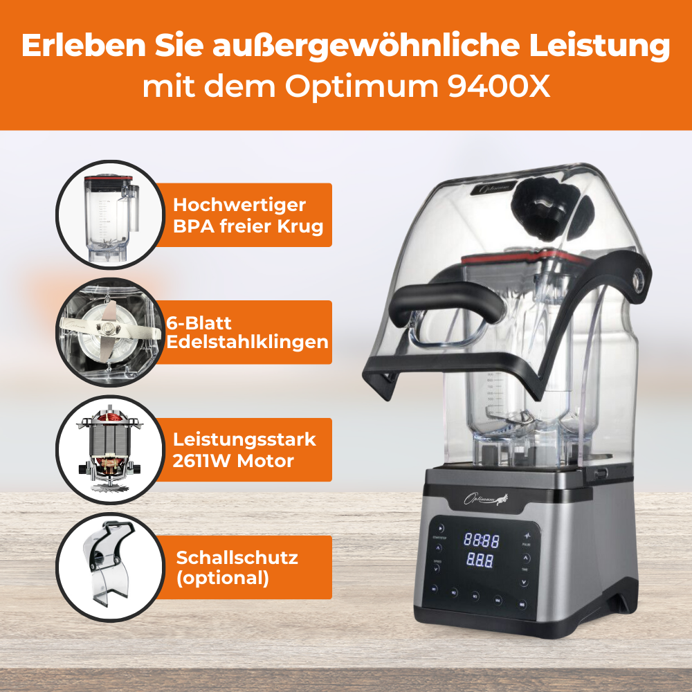 optimum 9400x gewerbemixer bester standmixer eis mixer hochleistungsmixer testsieger schallschutz edelstahlklingen bpa frei